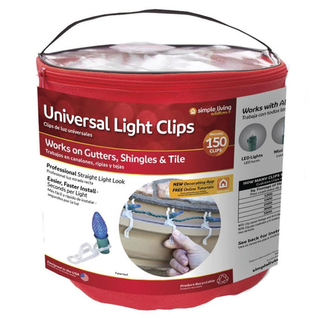 This image shows the red polyester bucket that these clips come in. It reads "Universal Light Clips. Comes with 150 clips. Works on gutters, shingles and tile. Professional straight light look. Easier, faster install - seconds per light. New decorating app and free online tutorials."