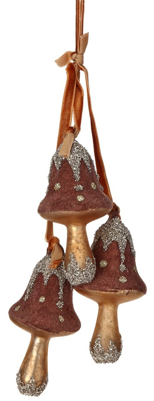 Ornament featuring three mushrooms covered in felt and glitter. Colors are Acorn Brown, Gold and Silver.