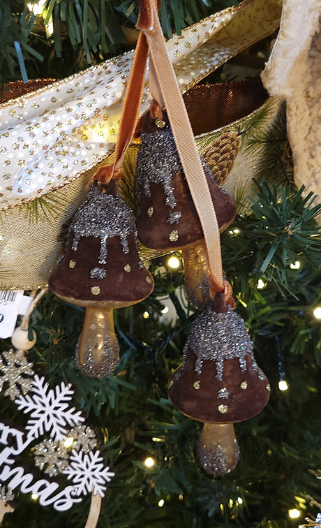 6.5" Acorn Brown Glittered Triple Glass Mushroom Ornament