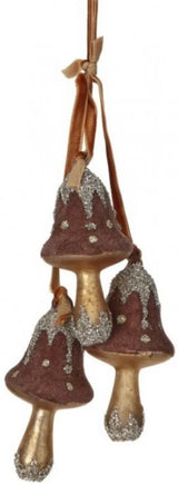 Ornament featuring three mushrooms covered in felt and glitter. Colors are Acorn Brown, Gold and Silver.