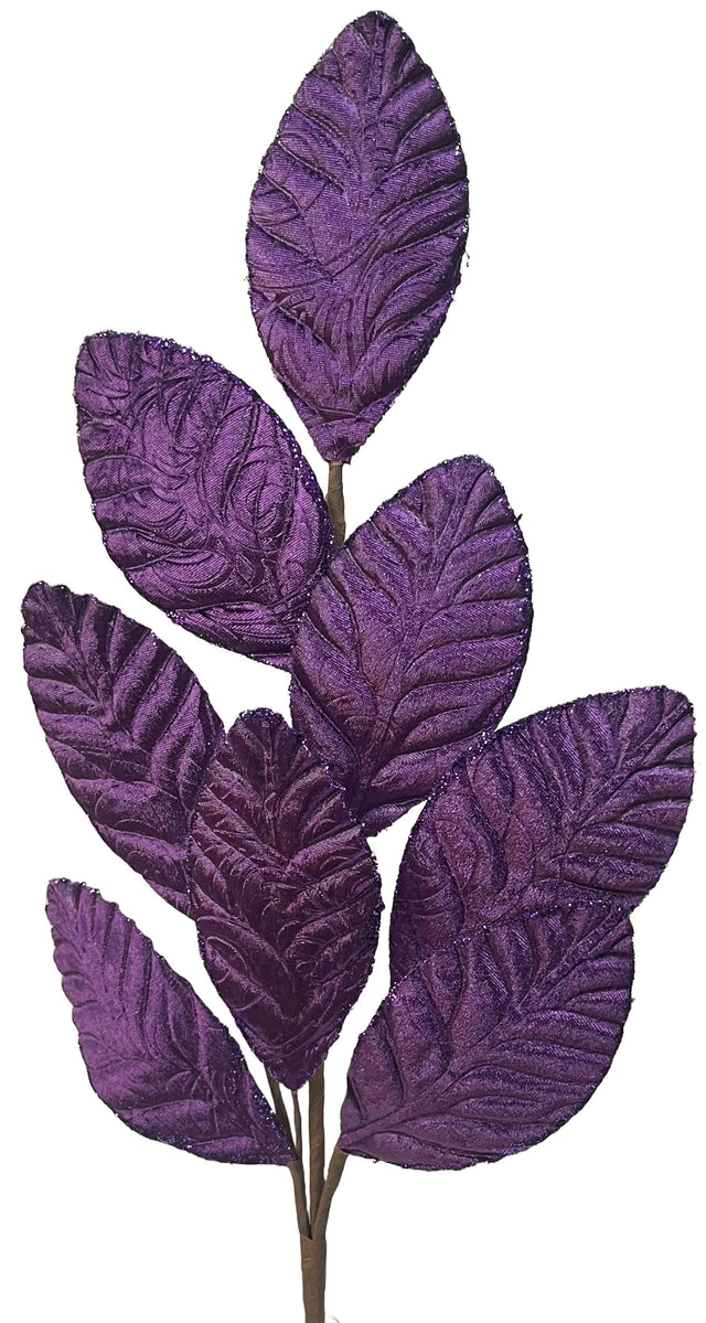 Purple velvet leaf pick spray with glitter along the edges.