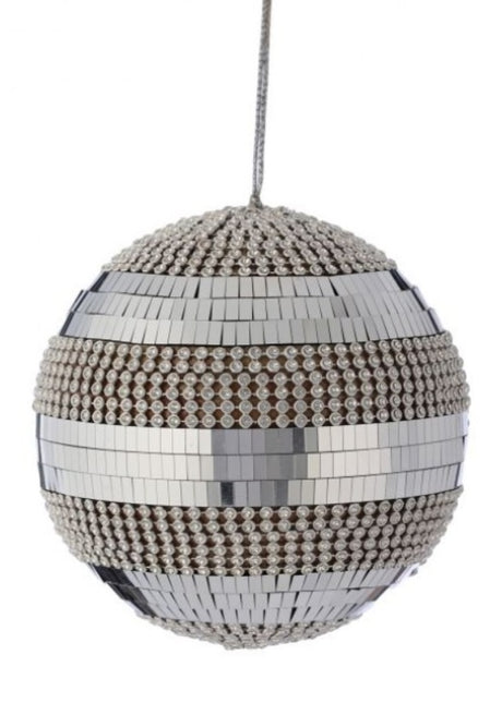 Round ornament decorated with shiny mosaic tiles and pearl accents.