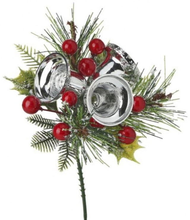 Pick spray decorated with silver bells, red berries, pine needles and wintery leaves.