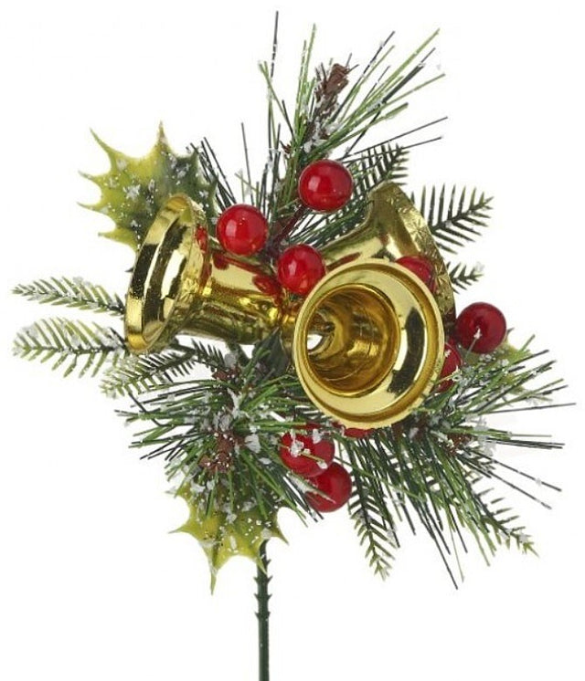 Pick spray decorated with gold bells, red berries, pine needles and wintery leaves.