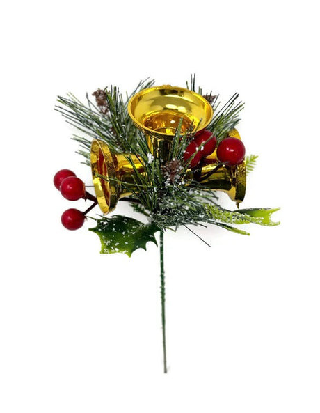 Pick spray decorated with gold bells, red berries, pine needles and wintery leaves.