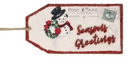 Gift tag ornaments designed to look like post cards. One ornament features a snowman and reads "Season's Greetings." One ornament features a deer and reads "Happy Holidays." One ornament features Santa Claus and reads "Merry Christmas."