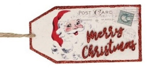 Gift tag ornaments designed to look like post cards. One ornament features a snowman and reads "Season's Greetings." One ornament features a deer and reads "Happy Holidays." One ornament features Santa Claus and reads "Merry Christmas."