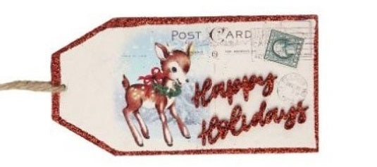 Gift tag ornaments designed to look like post cards. One ornament features a snowman and reads "Season's Greetings." One ornament features a deer and reads "Happy Holidays." One ornament features Santa Claus and reads "Merry Christmas."
