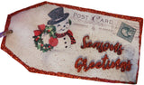 Decorative Christmas tag with snowman and 'Season's Greetings' text on a white background