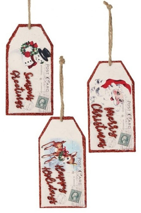 Gift tag ornaments designed to look like post cards. One ornament features a snowman and reads "Season's Greetings." One ornament features a deer and reads "Happy Holidays." One ornament features Santa Claus and reads "Merry Christmas."