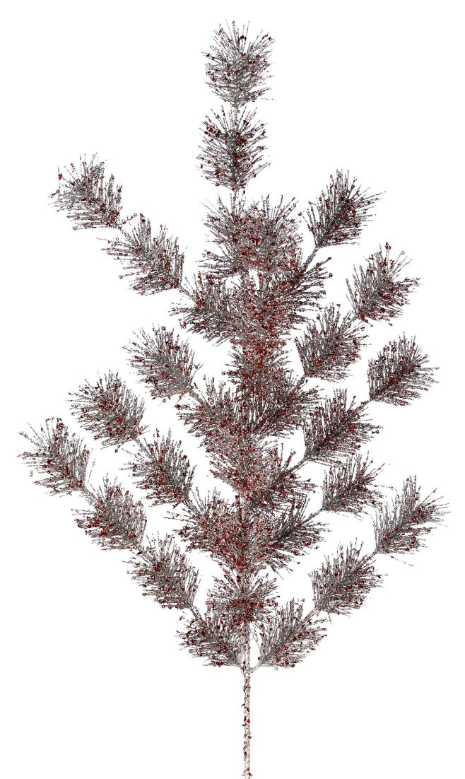 Silver pine spray with red flecks.
