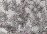 Silver pine spray with red flecks.