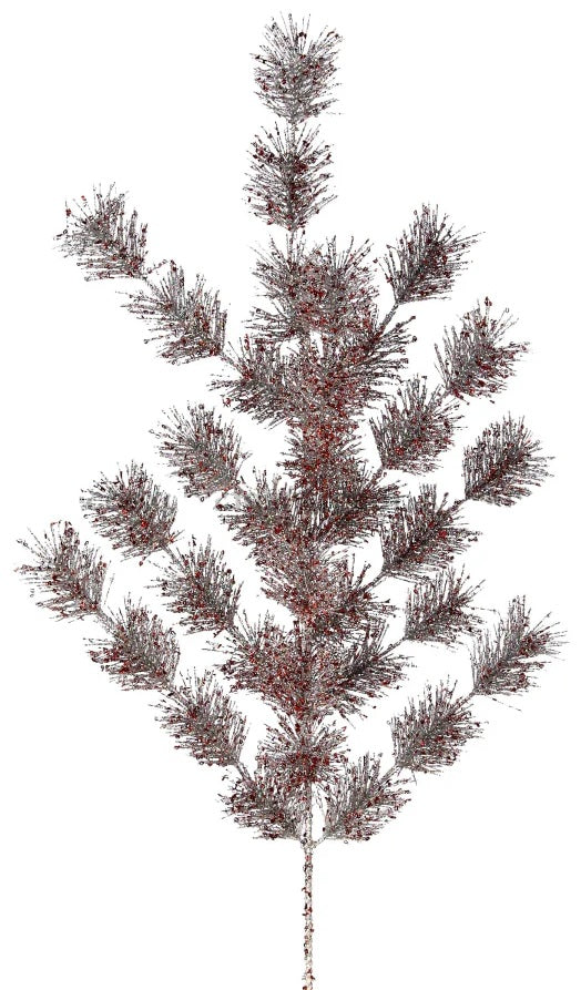 Silver pine spray with red flecks.