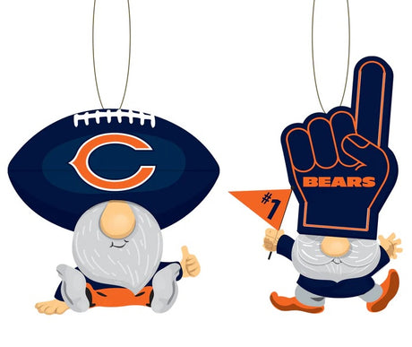 Officially licensed Chicago Bears ornament shaped like a gnome. There are two options. One gnome is wearing a blue Bears football as a hat and giving a thumbs up. One gnome is wearing a blue Bears foam finger as a hat and is waving a flag.