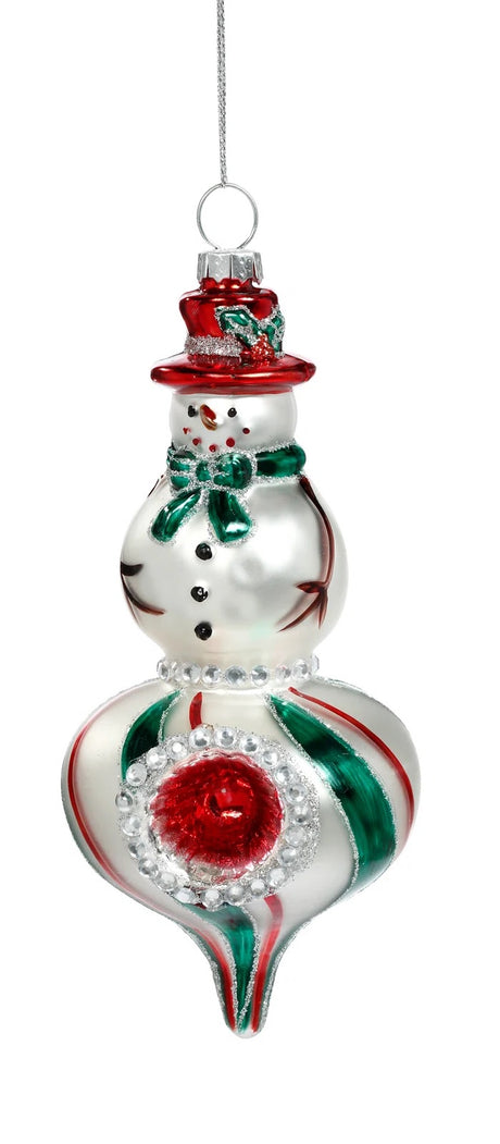 Snowman-shaped ornament. One snowman is wearing a red top hat and a green scarf. One snowman is wearing a green top hat and a red scarf. Both ornaments feature a striped design on the bottom half.