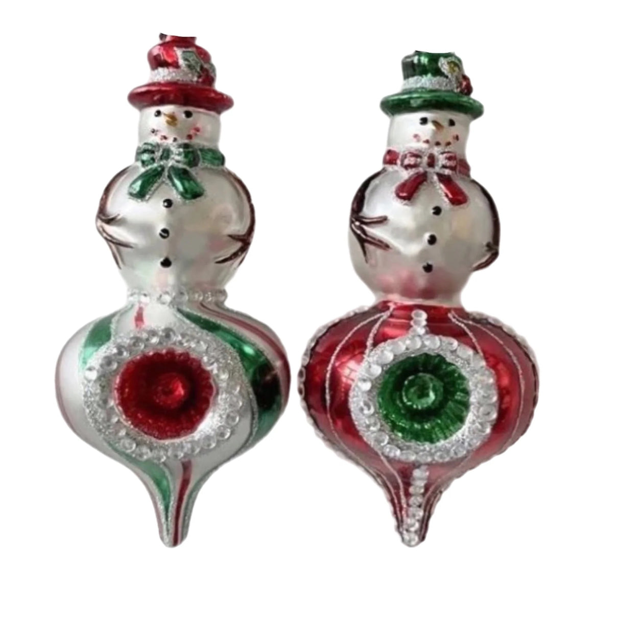 Snowman-shaped ornament. One snowman is wearing a red top hat and a green scarf. One snowman is wearing a green top hat and a red scarf. Both ornaments feature a striped design on the bottom half.