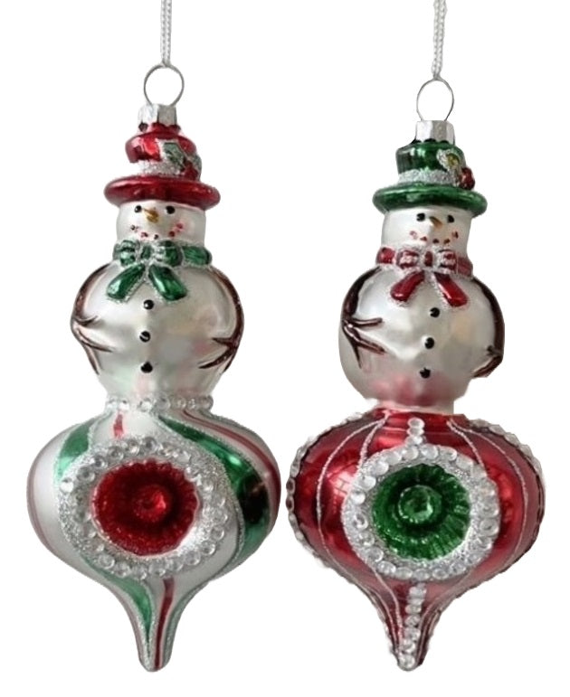 Snowman-shaped ornament. One snowman is wearing a red top hat and a green scarf. One snowman is wearing a green top hat and a red scarf. Both ornaments feature a striped design on the bottom half.