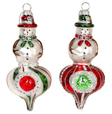 Snowman-shaped ornament. One snowman is wearing a red top hat and a green scarf. One snowman is wearing a green top hat and a red scarf. Both ornaments feature a striped design on the bottom half.