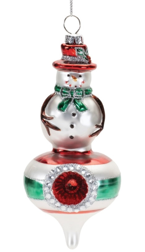 Snowman-shaped ornament. One snowman is wearing a red top hat and a green scarf. One snowman is wearing a green top hat and a red scarf. Both ornaments feature a striped design on the bottom half.