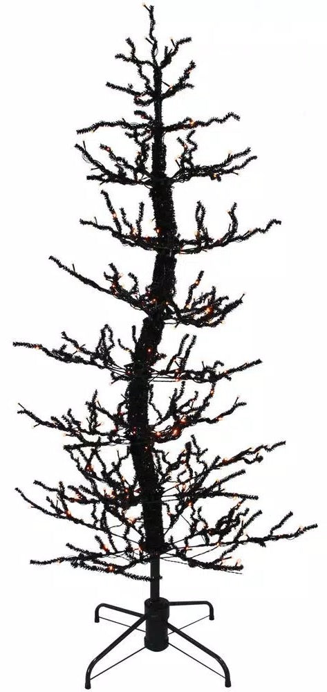 Black Halloween tree with color changing lights. The colors change from orange to purple.