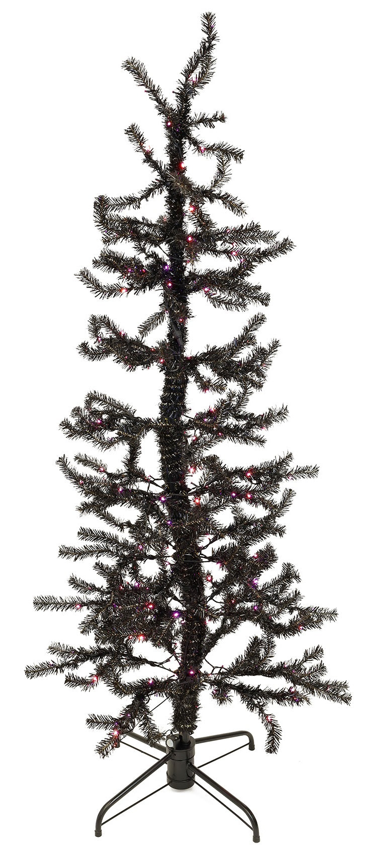 Black Halloween tree with color changing lights. The colors change from orange to purple.