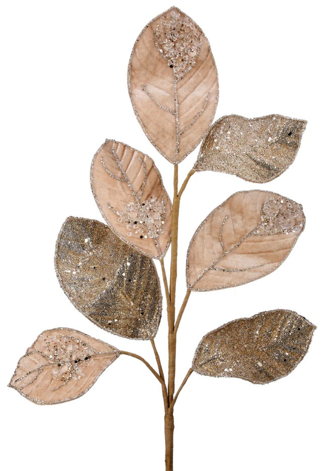 Champagne velvet shaped like a stem with leaves. Decorated with glitter. Perfect for decorating a tree, wreath or vase.