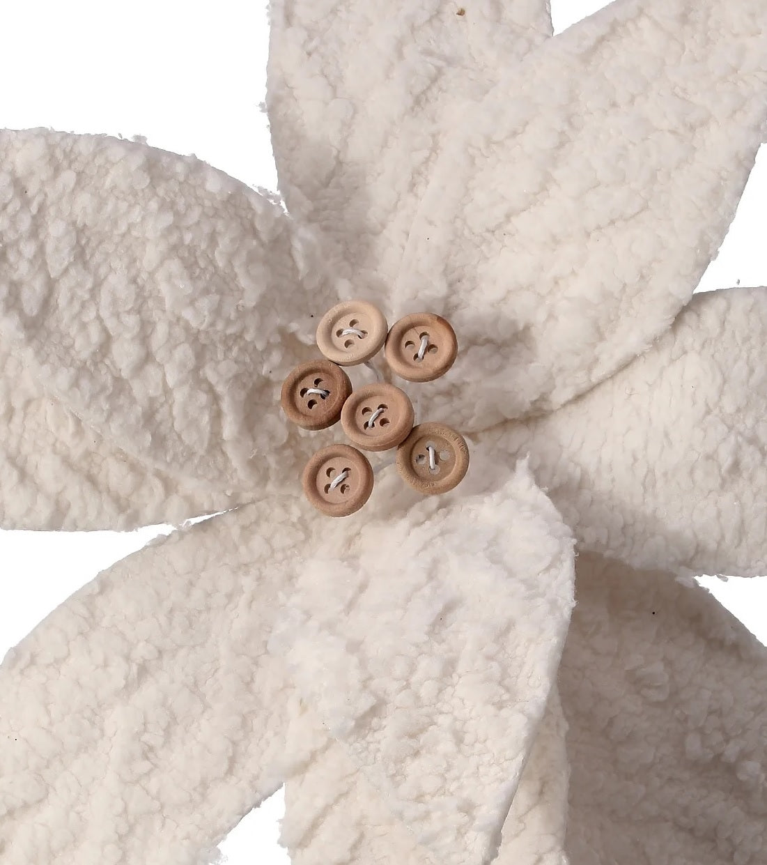 Cream colored pick spray designed to look like a poinsettia with tan colored buttons in the center.