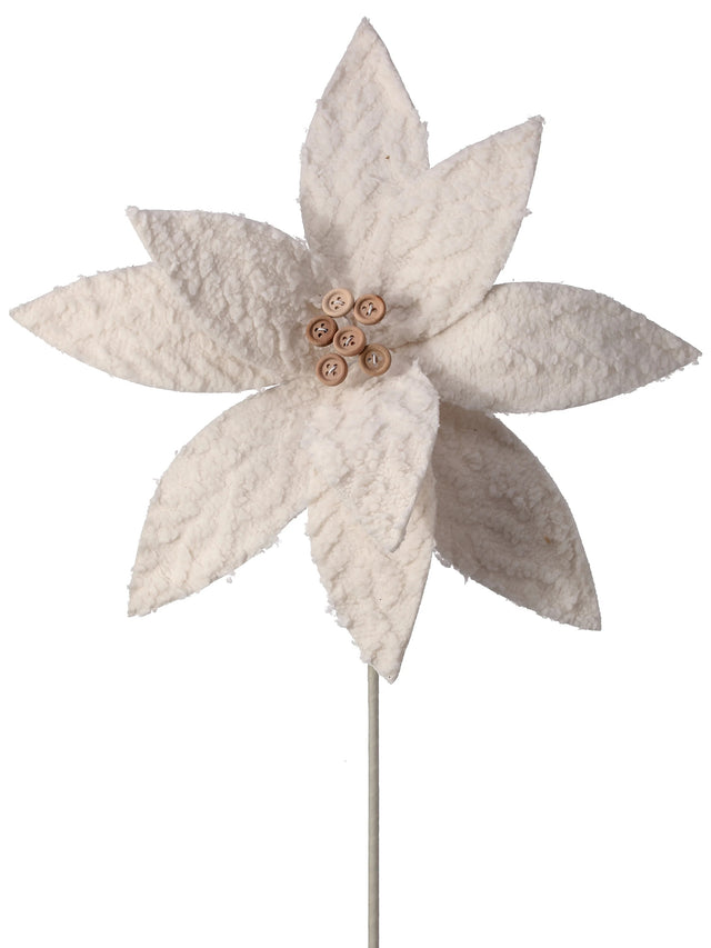 Cream colored pick spray designed to look like a poinsettia with tan colored buttons in the center.