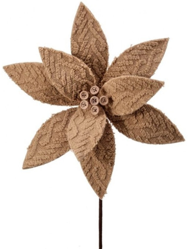 Tan colored pick spray designed to look like a poinsettia with tan colored buttons in the center.