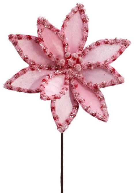 Pick spray designed to look like a poinsettia made out of pink and red candy.