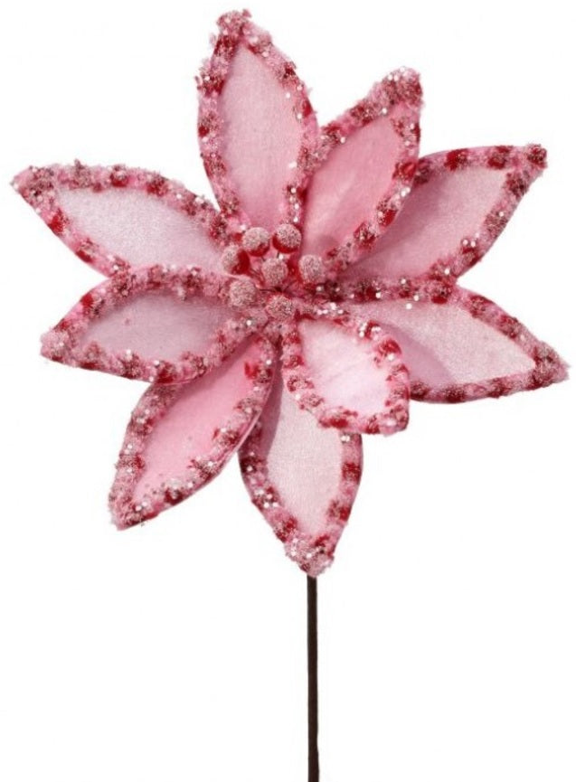 Pick spray designed to look like a poinsettia made out of pink and red candy.