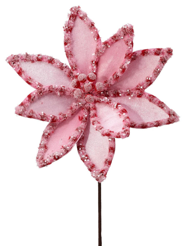Pick spray designed to look like a poinsettia made out of pink and red candy.