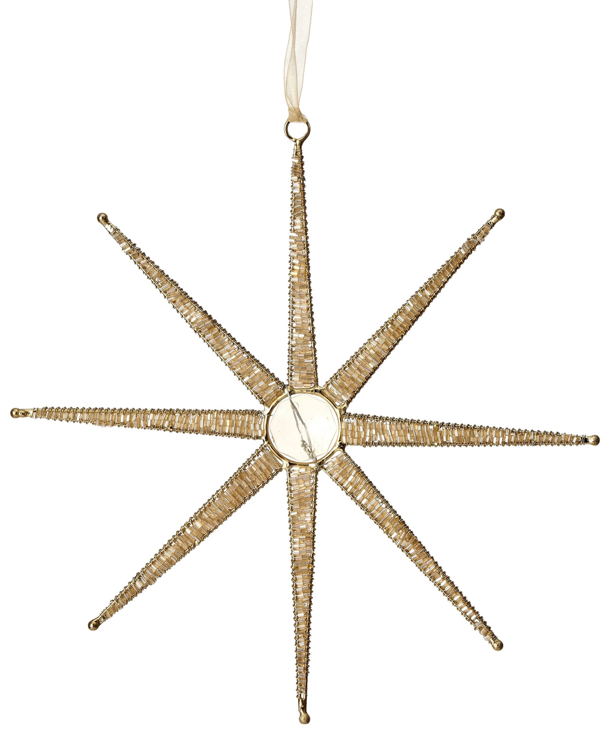 Golden ornament shaped like a star made out of wires.