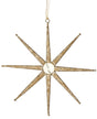Golden ornament shaped like a star made out of wires.