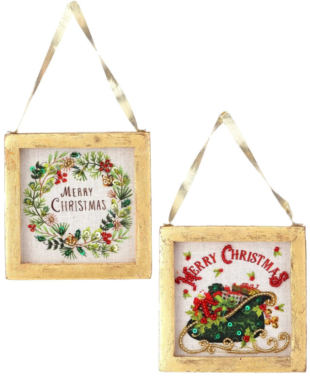 Framed ornament with an embroidered Christmas message in each. One ornament features a wreath with berries made of sequins and embroidery. One ornament features a sleigh full of presents made of beads, sequins and embroidery.