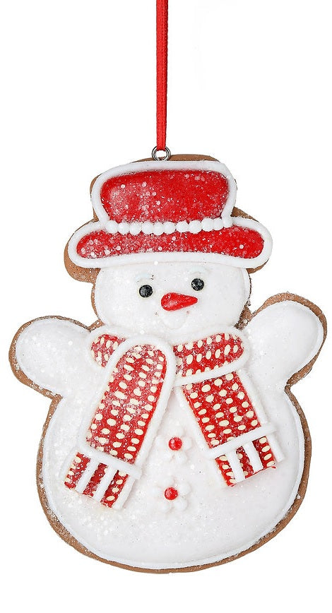 Christmas ornament designed to look like a gingerbread cookie shaped like a snowman. One snowman is wearing a green top hat and a green scarf. One snowman is wearing a red top hat and a red scarf.
