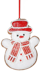 Christmas ornament designed to look like a gingerbread cookie shaped like a snowman. One snowman is wearing a green top hat and a green scarf. One snowman is wearing a red top hat and a red scarf.