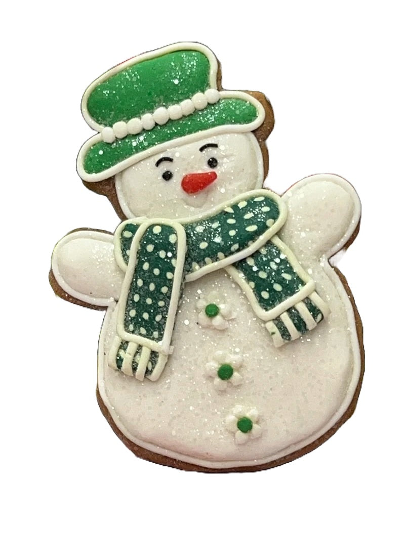 Christmas ornament designed to look like a gingerbread cookie shaped like a snowman. One snowman is wearing a green top hat and a green scarf. One snowman is wearing a red top hat and a red scarf.