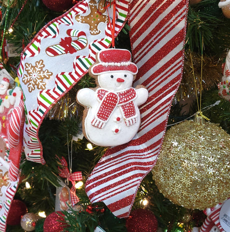 Christmas ornament designed to look like a gingerbread cookie shaped like a snowman. One snowman is wearing a green top hat and a green scarf. One snowman is wearing a red top hat and a red scarf.