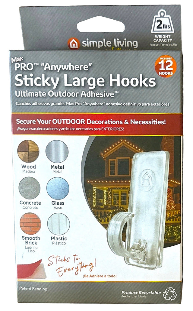 This image shows the packaging that these hooks come in. It reads "MAX Pro Anywhere Large Sticky Hooks Ultimate Outdoor Adhesive. Secure your decorations ANYWHERE on your house! Comes with 12 hooks. Great for railings, beams, lights and more! Sticks to metal, wood, plastic, concrete and brick. Sticks to everything!"