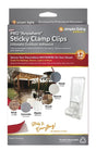 This image shows the packaging that these clips come in. It reads "MAX Pro Anywhere Sticky Clamp Clips Ultimate Outdoor Adhesive. Secure your decorations ANYWHERE on your house! Comes with 12 clips. Great for railings, beams, lights and more! Sticks to metal, stucco, wood, plastic, concrete and brick. Sticks to everything!"