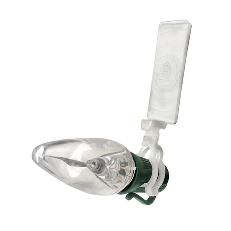 This image shows one of the clips holding a light bulb on a white background.