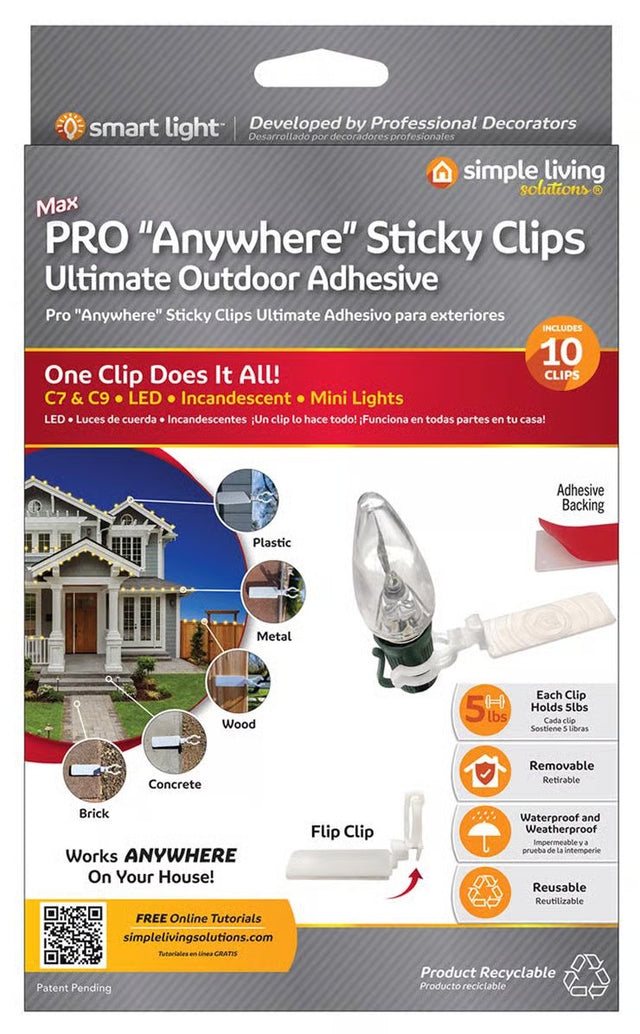 This image shows the packaging that these clips come in. It reads "Smart Light: Developed by Professional Decorators. Simple Living Solutions. Max PRO Anywhere Sticky Clips. Ultimate outdoor adhesive. Pack of 10 clips. One clip does it all! C7 & C9, LED, incandescent, mini lights, etc. Can be used on plastic, metal, wood, concrete and brick. Works anywhere on your house!"