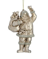 Holiday ornament shaped like an Old World Santa Claus. It's made of gold plastic to look vintage. One Santa is holding a staff and one Santa is holding a bell.