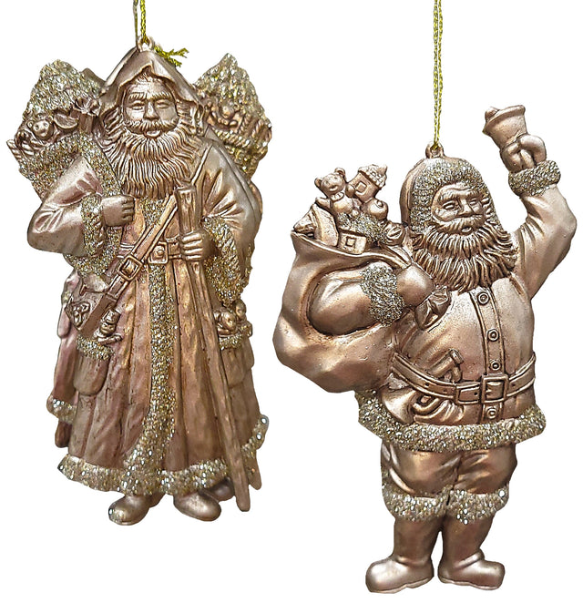 Holiday ornament shaped like an Old World Santa Claus. It's made of gold plastic to look vintage. One Santa is holding a staff and one Santa is holding a bell.