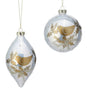 Made of glass, glitter and gemstones. One ornament is bauble shaped. One ornament is finial shaped. Both ornaments feature a gold dove with gold holly leaves.