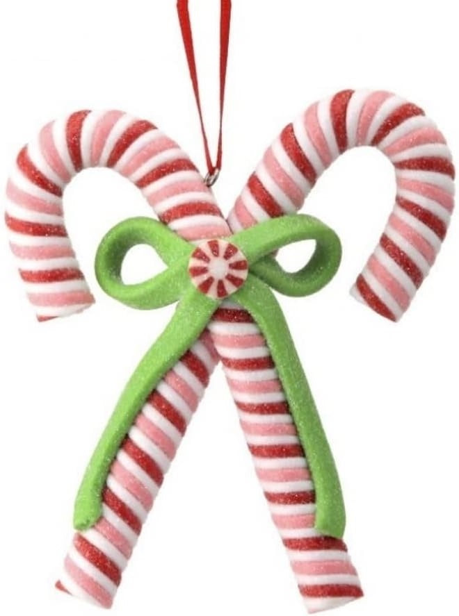 An ornament shaped like two red, white and pink candy canes tied together with a green bow.