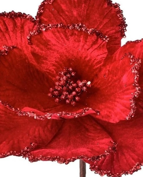 Red velvet magnolia flower pick spray with beaded edges.