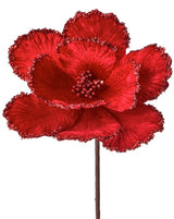 Red velvet magnolia flower pick spray with beaded edges.