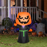 Inflatable Halloween decoration. Designed to look like a Grim Reaper wearing a robe and has a carved pumpkin for a head.